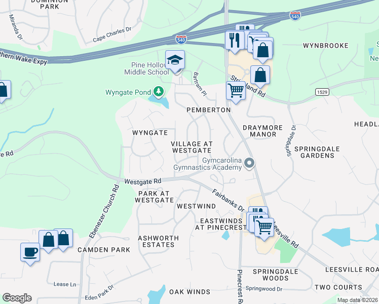 map of restaurants, bars, coffee shops, grocery stores, and more near 5504 Sorrell Crossing Drive in Raleigh