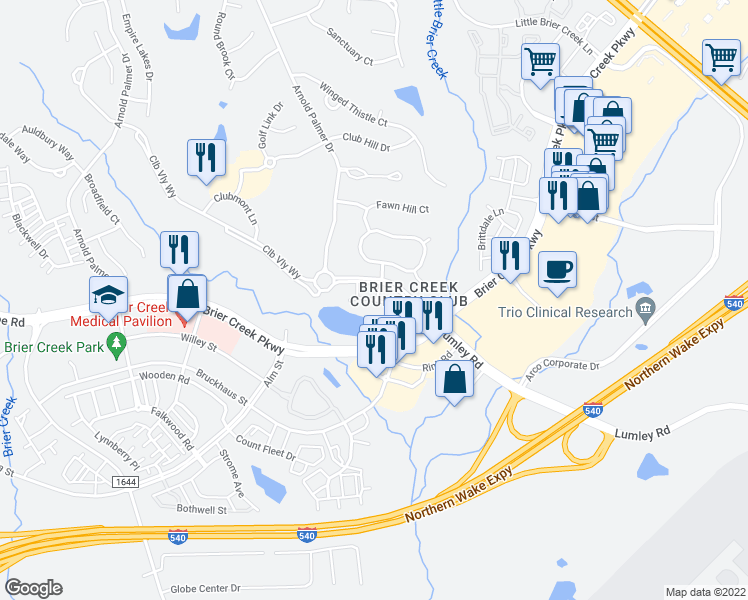 map of restaurants, bars, coffee shops, grocery stores, and more near 10511 Rosegate Court in Raleigh