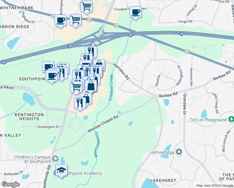 map of restaurants, bars, coffee shops, grocery stores, and more near 6809 Somerknoll Drive in Durham