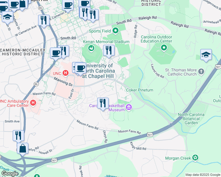 map of restaurants, bars, coffee shops, grocery stores, and more near 553 Paul Hardin Drive in Chapel Hill