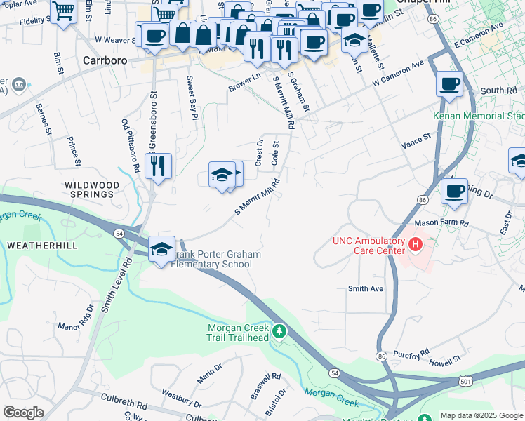 map of restaurants, bars, coffee shops, grocery stores, and more near 819 Edwards Street in Chapel Hill