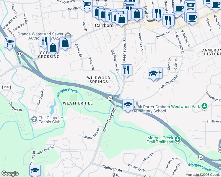 map of restaurants, bars, coffee shops, grocery stores, and more near 122 South Peak Drive in Carrboro