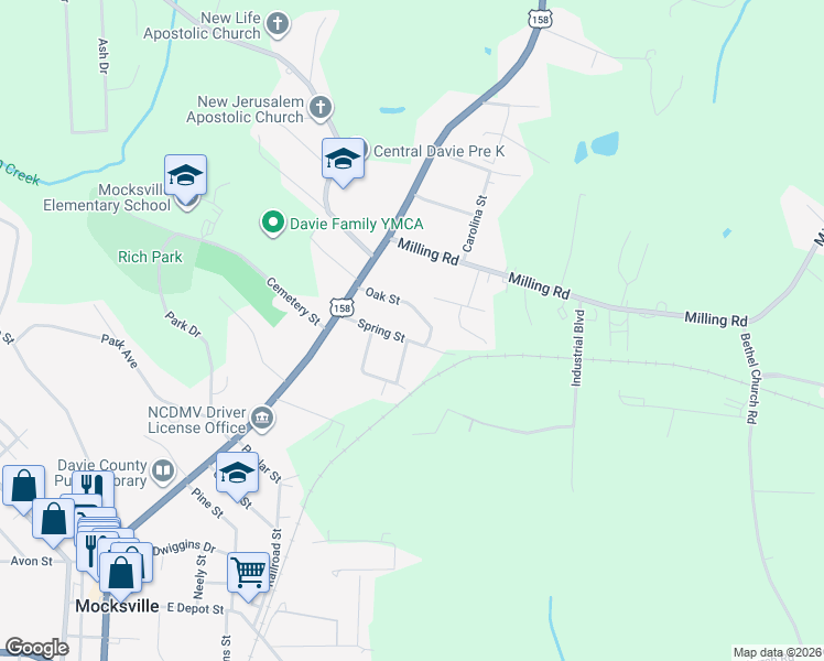 map of restaurants, bars, coffee shops, grocery stores, and more near 249 Spring Street in Mocksville