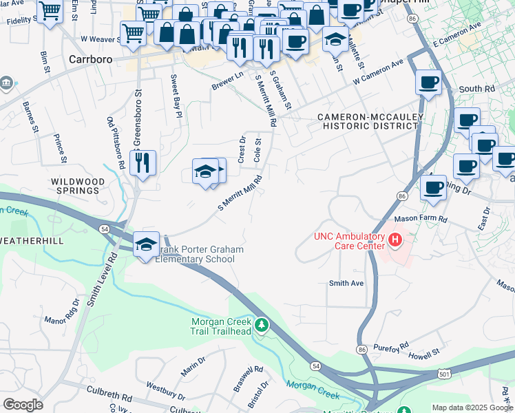map of restaurants, bars, coffee shops, grocery stores, and more near 817 Edwards Street in Chapel Hill