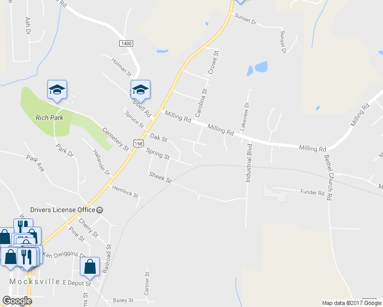map of restaurants, bars, coffee shops, grocery stores, and more near 120 Millwright Court in Mocksville