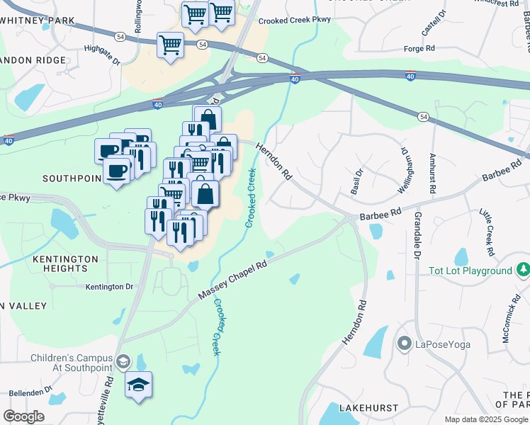 map of restaurants, bars, coffee shops, grocery stores, and more near 6809 Somerknoll Drive in Durham