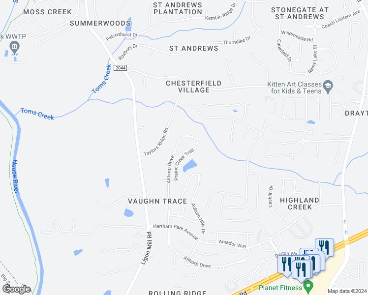 map of restaurants, bars, coffee shops, grocery stores, and more near 8008 Matinvesi Street in Raleigh