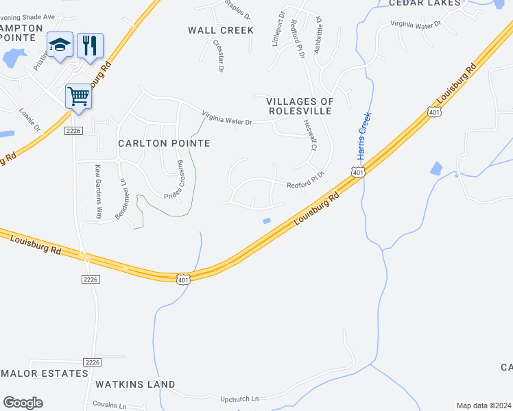map of restaurants, bars, coffee shops, grocery stores, and more near 730 Shefford Town Drive in Rolesville