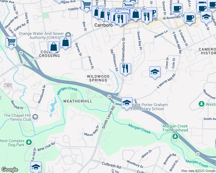 map of restaurants, bars, coffee shops, grocery stores, and more near 112 South Peak Drive in Carrboro