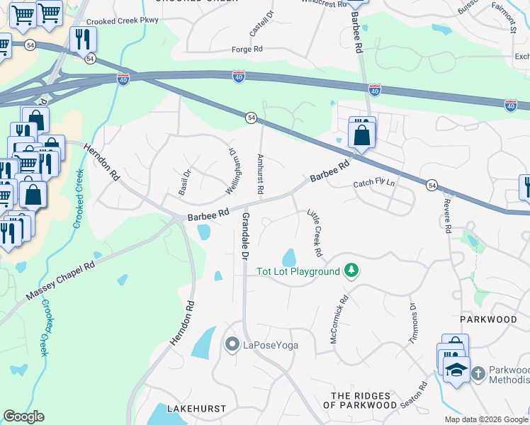 map of restaurants, bars, coffee shops, grocery stores, and more near 1115 Little Creek Road in Durham