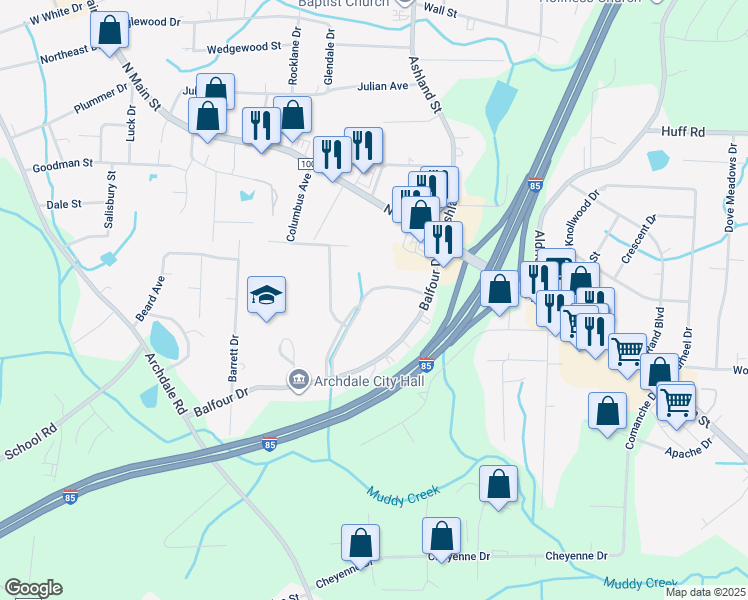 map of restaurants, bars, coffee shops, grocery stores, and more near 111 Brookhollow Lane in Archdale