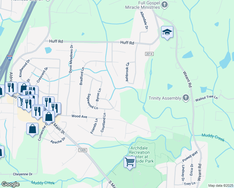 map of restaurants, bars, coffee shops, grocery stores, and more near 1409 Sagewood Lane in Archdale