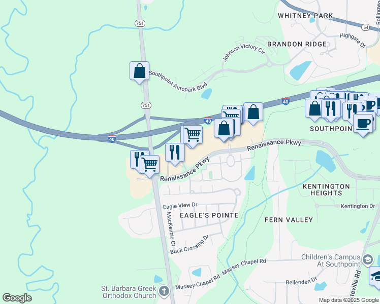 map of restaurants, bars, coffee shops, grocery stores, and more near 8210 Renaissance Parkway in Durham