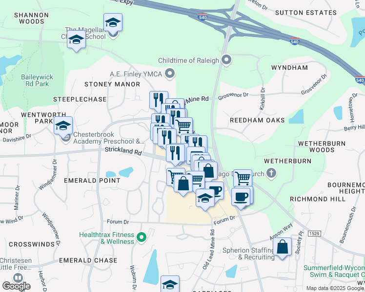 map of restaurants, bars, coffee shops, grocery stores, and more near 9600 Strickland Road in Raleigh