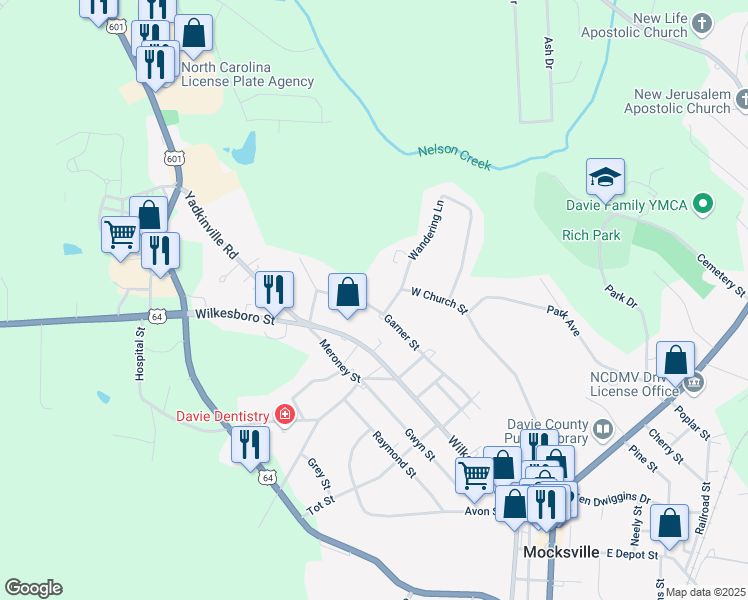 map of restaurants, bars, coffee shops, grocery stores, and more near 864 Garner Street in Mocksville
