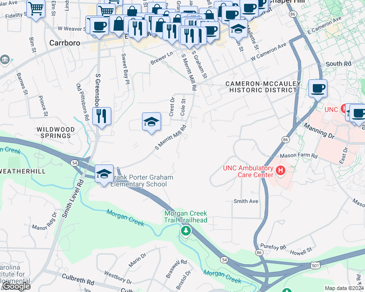 map of restaurants, bars, coffee shops, grocery stores, and more near 817 Edwards Street in Chapel Hill