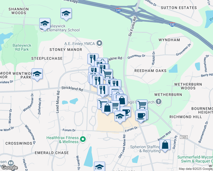 map of restaurants, bars, coffee shops, grocery stores, and more near in Raleigh