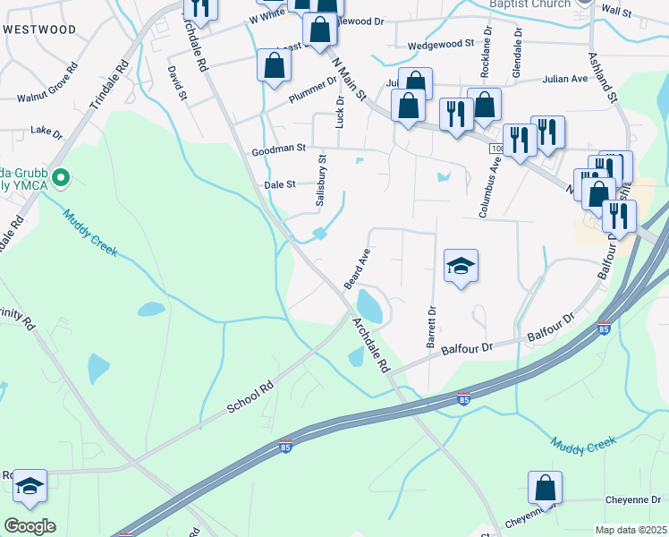 map of restaurants, bars, coffee shops, grocery stores, and more near 4335 Archdale Road in Archdale