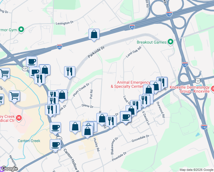map of restaurants, bars, coffee shops, grocery stores, and more near 228 Wakefield Road in Knoxville