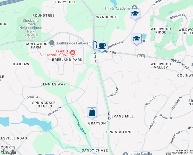 map of restaurants, bars, coffee shops, grocery stores, and more near 8809 Ray Road in Raleigh