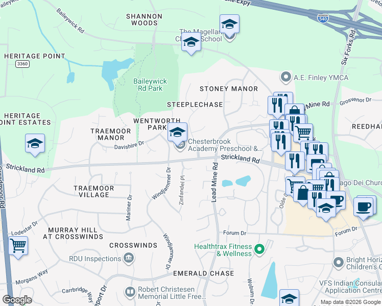 map of restaurants, bars, coffee shops, grocery stores, and more near 8403 Kempton Road in Raleigh