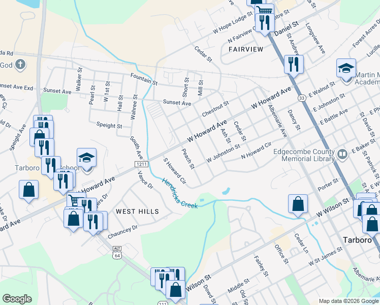 map of restaurants, bars, coffee shops, grocery stores, and more near 1107 Peach Street in Tarboro