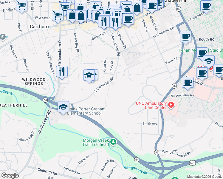 map of restaurants, bars, coffee shops, grocery stores, and more near 819 Edwards Street in Chapel Hill