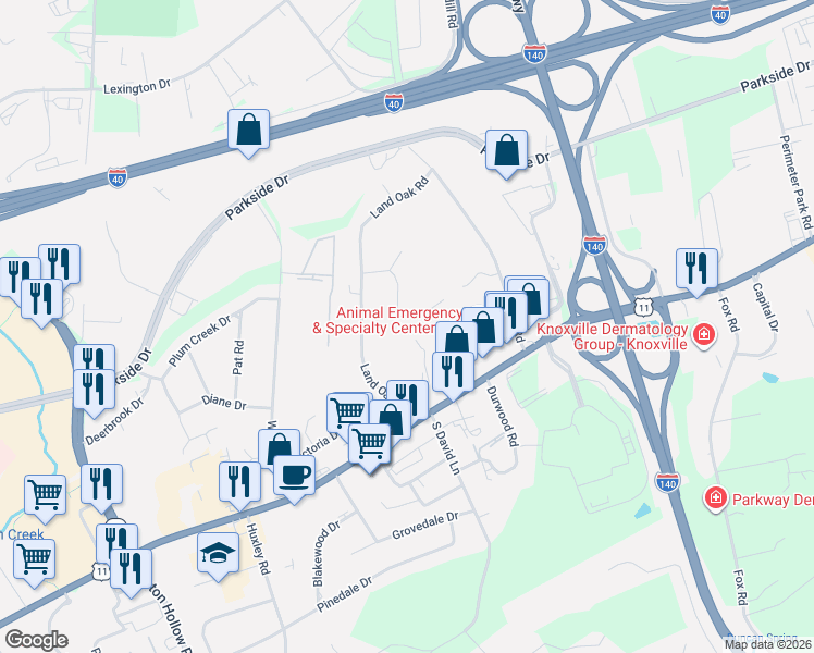map of restaurants, bars, coffee shops, grocery stores, and more near 200 Guinnwood Lane in Knoxville