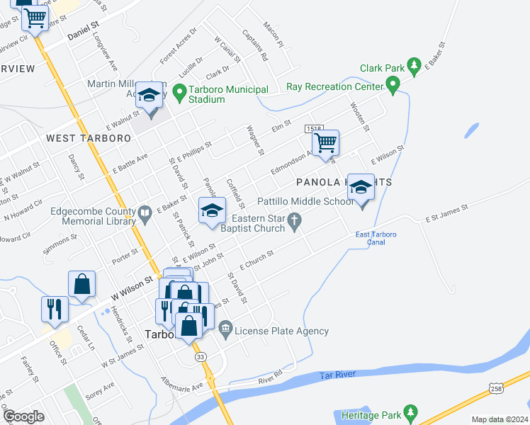 map of restaurants, bars, coffee shops, grocery stores, and more near 626 East Wilson Street in Tarboro