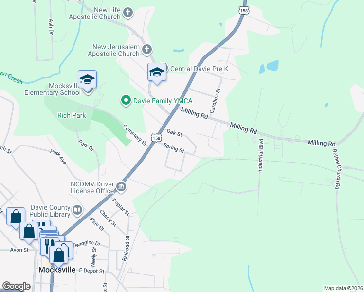 map of restaurants, bars, coffee shops, grocery stores, and more near 249 Spring Street in Mocksville