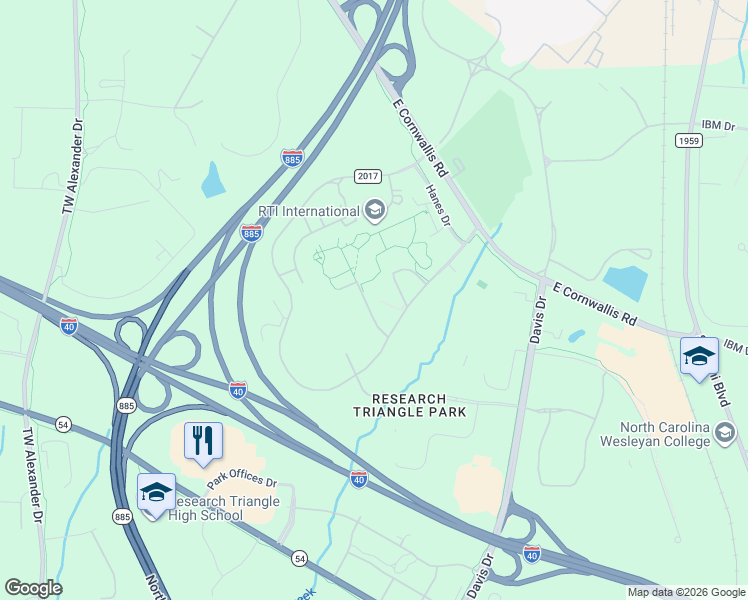 map of restaurants, bars, coffee shops, grocery stores, and more near 3040 East Cornwallis Road in Durham