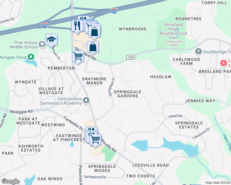 map of restaurants, bars, coffee shops, grocery stores, and more near 9409 Springdale Drive in Raleigh