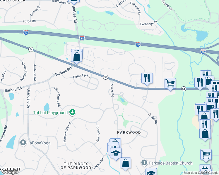 map of restaurants, bars, coffee shops, grocery stores, and more near 6 Haledon Circle in Durham