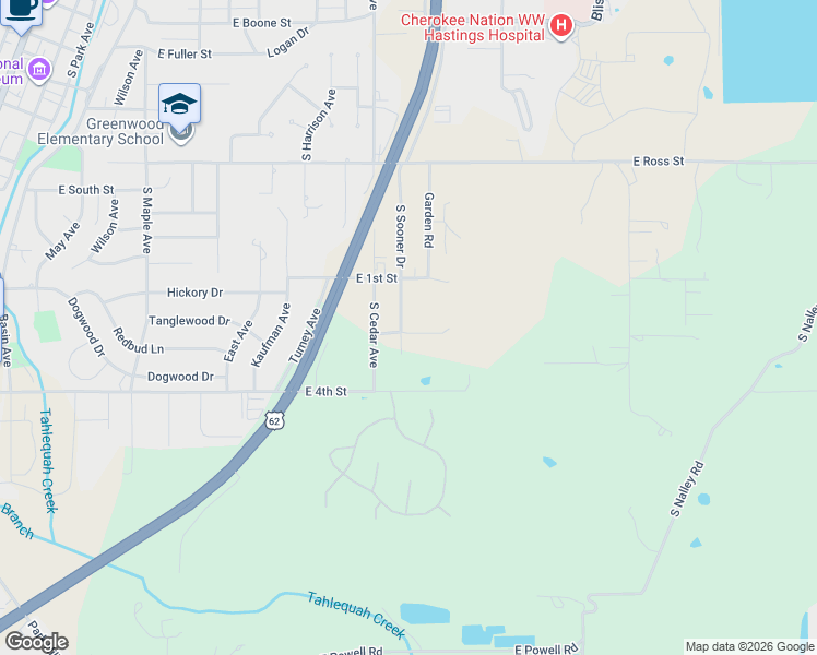 map of restaurants, bars, coffee shops, grocery stores, and more near 729 South Sooner Drive in Tahlequah