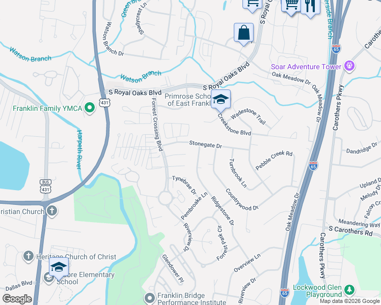 map of restaurants, bars, coffee shops, grocery stores, and more near 553 Ridgestone Drive in Franklin
