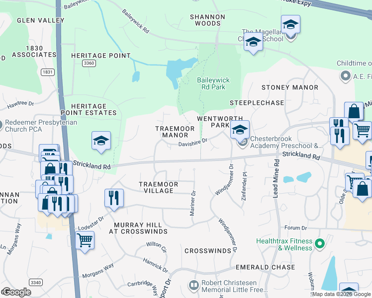 map of restaurants, bars, coffee shops, grocery stores, and more near 8905 Mildenhall Court in Raleigh