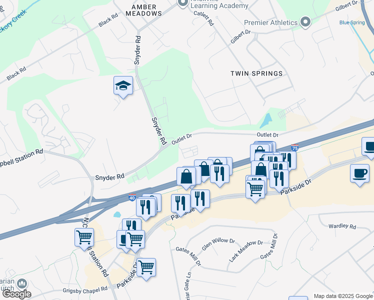 map of restaurants, bars, coffee shops, grocery stores, and more near 11470 Outlet Drive in Knoxville