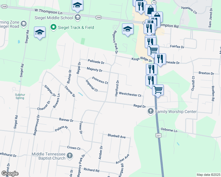 map of restaurants, bars, coffee shops, grocery stores, and more near 3023 Hartford Drive in Murfreesboro