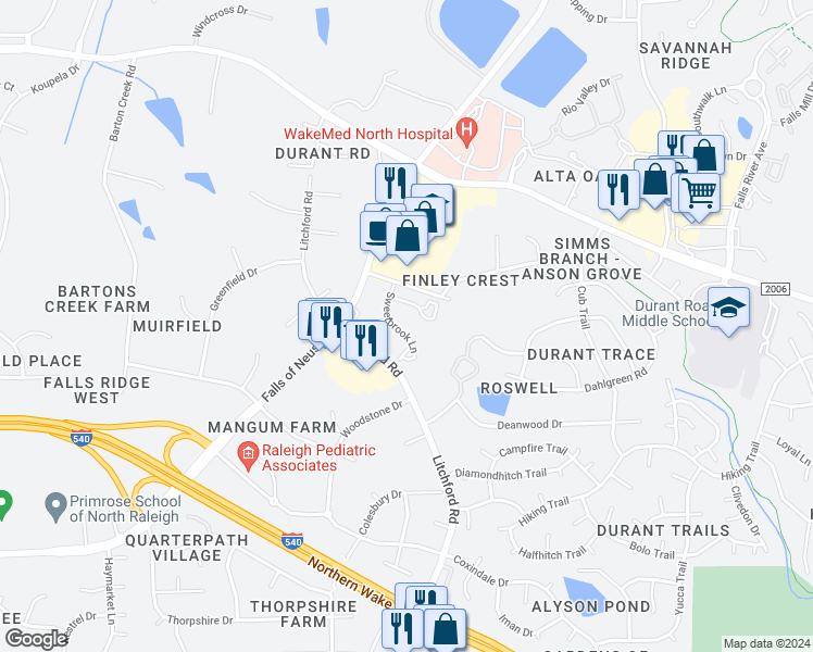 map of restaurants, bars, coffee shops, grocery stores, and more near 9014 Brook Garden Court in Raleigh