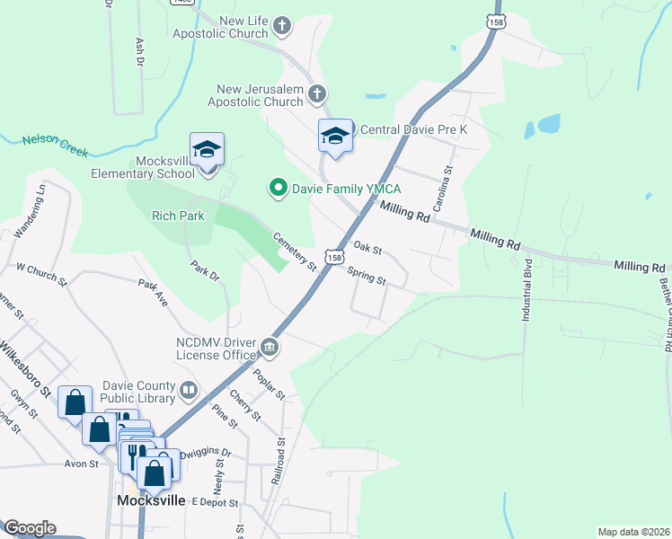 map of restaurants, bars, coffee shops, grocery stores, and more near 768 North Main Street in Mocksville