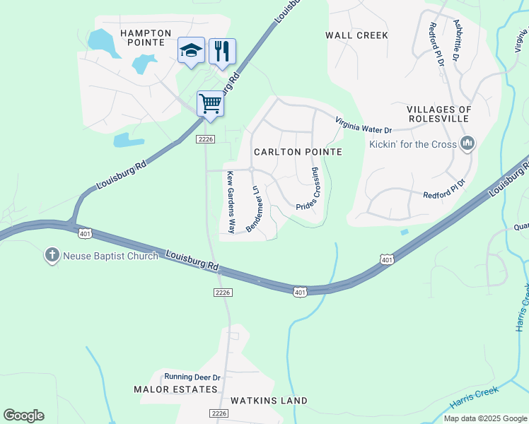 map of restaurants, bars, coffee shops, grocery stores, and more near 443 Bendemeer Lane in Rolesville