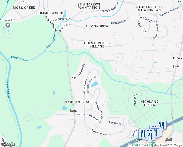 map of restaurants, bars, coffee shops, grocery stores, and more near Matinvesi Street in Raleigh