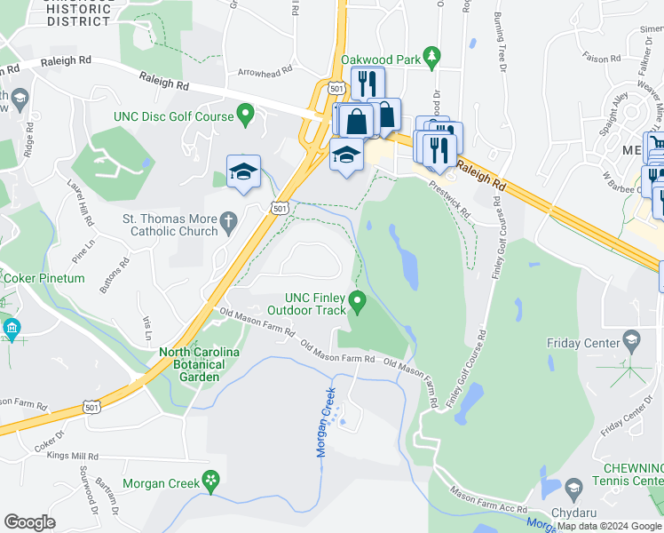 map of restaurants, bars, coffee shops, grocery stores, and more near 1019 Highland Woods Road in Chapel Hill