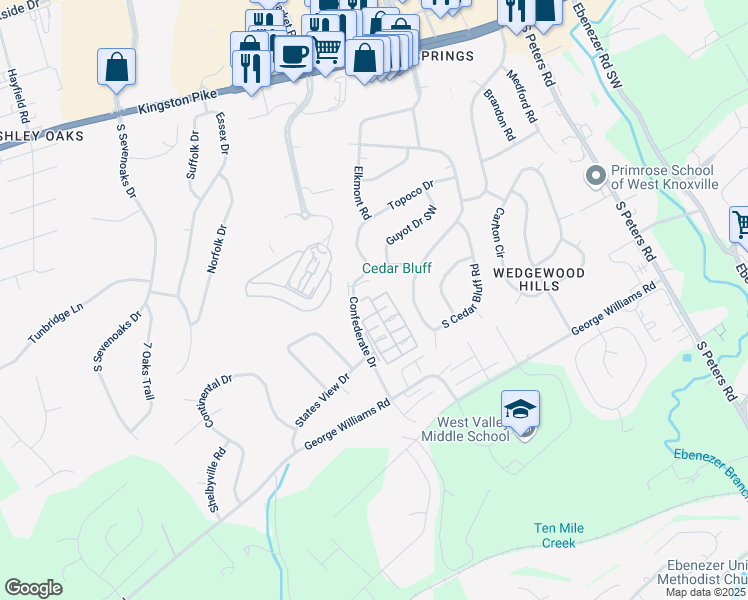 map of restaurants, bars, coffee shops, grocery stores, and more near 314 Magnolia Grove Way in Knoxville