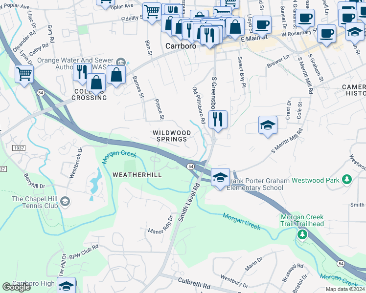 map of restaurants, bars, coffee shops, grocery stores, and more near 106 South Peak Drive in Carrboro