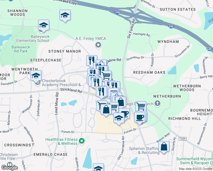 map of restaurants, bars, coffee shops, grocery stores, and more near 9600 Strickland Road in Raleigh
