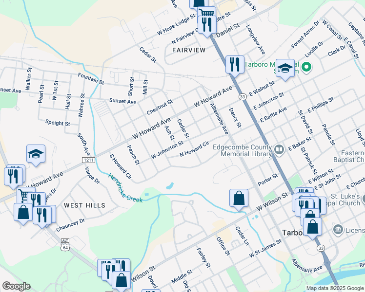 map of restaurants, bars, coffee shops, grocery stores, and more near 607 West Johnston Street in Tarboro