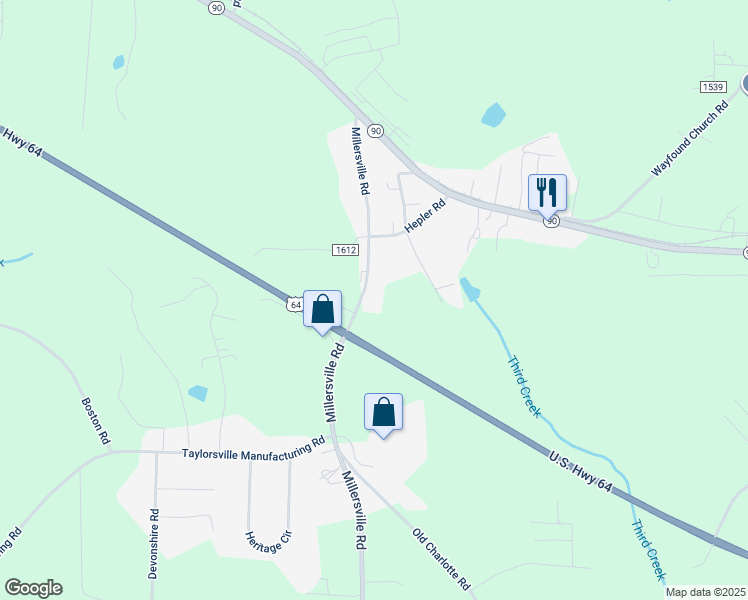 map of restaurants, bars, coffee shops, grocery stores, and more near 7098 Millersville Road in Taylorsville