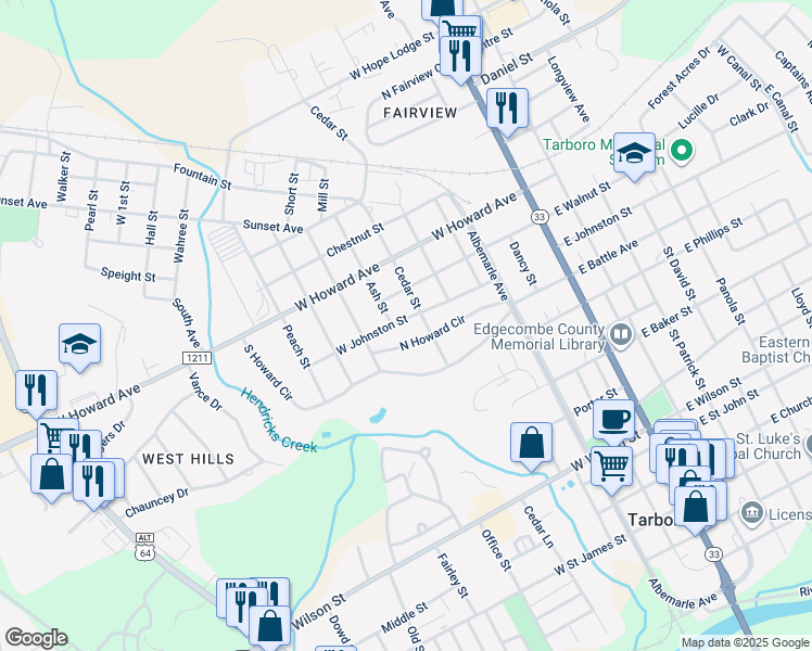 map of restaurants, bars, coffee shops, grocery stores, and more near 607 West Johnston Street in Tarboro