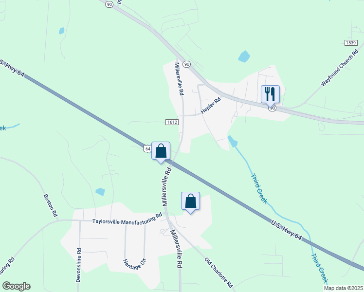 map of restaurants, bars, coffee shops, grocery stores, and more near 7098 Millersville Road in Taylorsville
